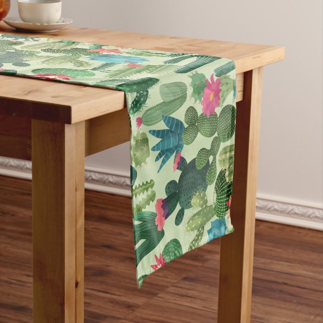Green Teal Blooming Cacti Pattern Short Table Runner (In Situ)
