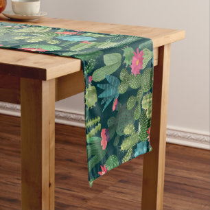 Green Teal Blooming Cacti Pattern Short Table Runner