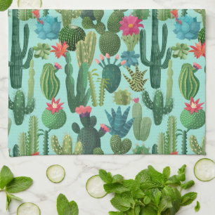 Green Teal Blooming Cacti Pattern Tea Towel
