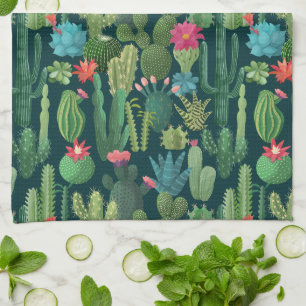 Green Teal Blooming Cacti Pattern Tea Towel