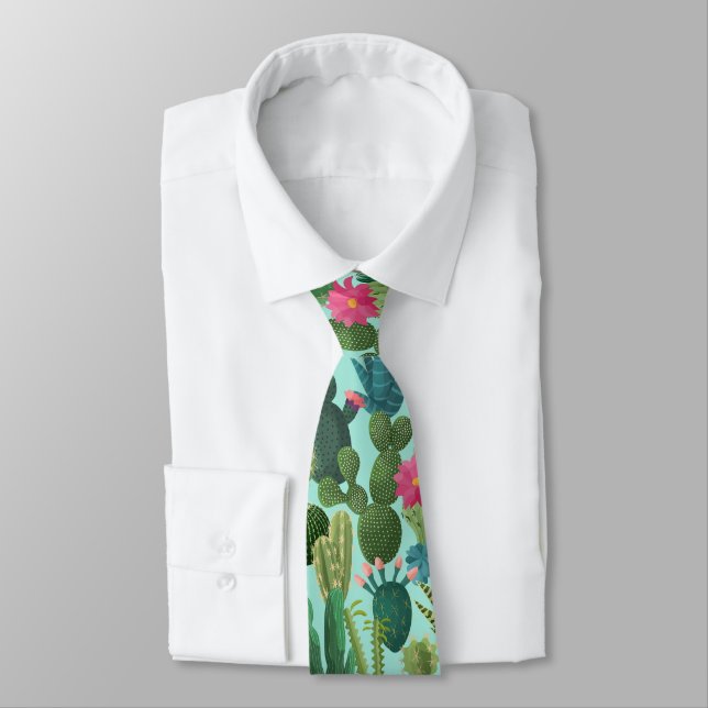 Green Teal Blooming Cacti Pattern Tie (Tied)