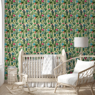 Green Teal Blooming Cacti Pattern Wallpaper