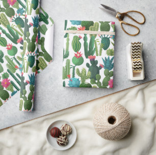 Green Teal Blooming Cacti Pattern Wrapping Paper