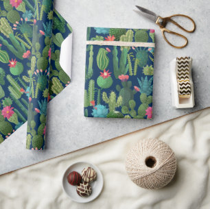 Green Teal Blooming Cacti Pattern Wrapping Paper