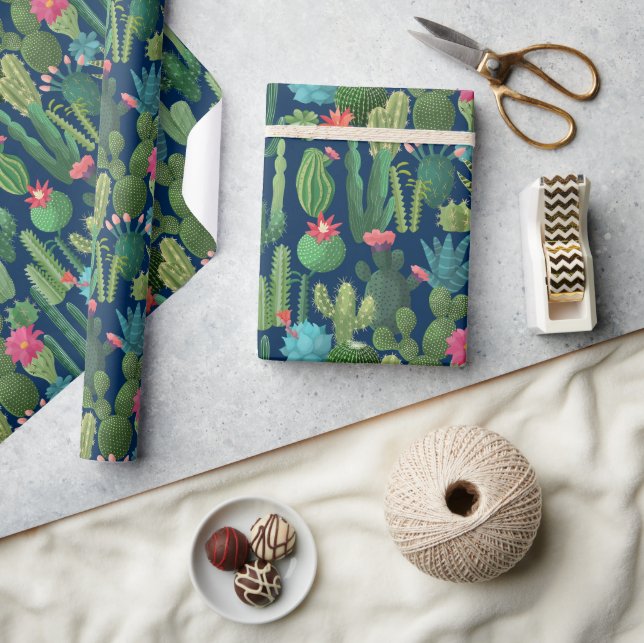 Green Teal Blooming Cacti Pattern Wrapping Paper (Crafts)