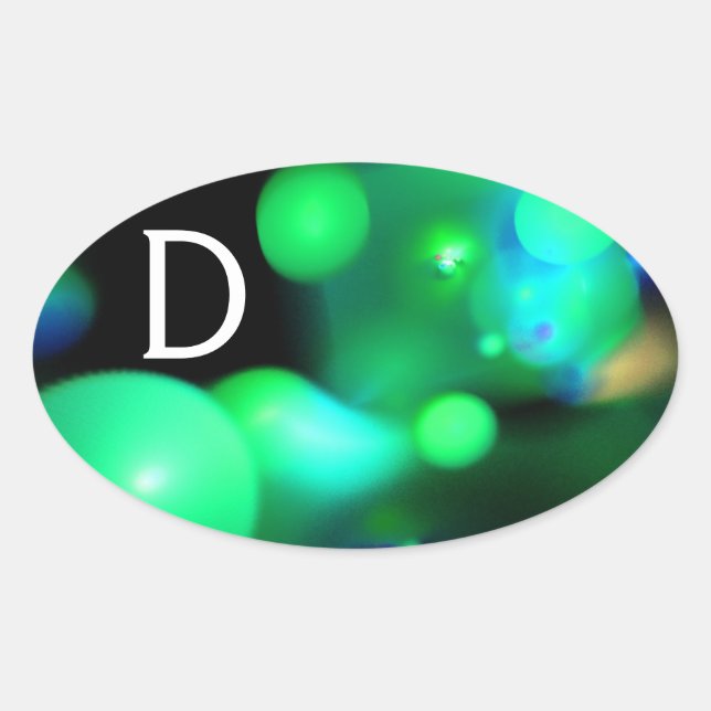 GREEN TEAL BLUE  BLACK  FRACTAL BUBBLES MONOGRAM OVAL STICKER (Front)