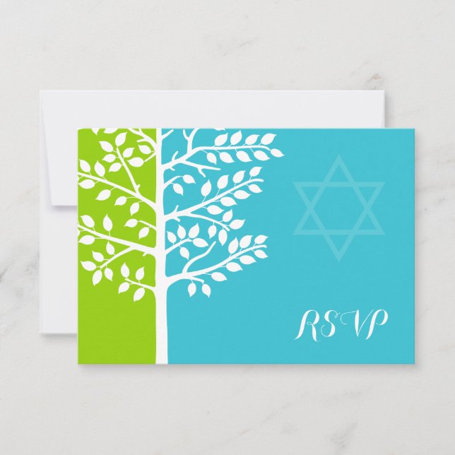 Green Teal Blue Tree of Life Bat Mitzvah RSVP (Front)