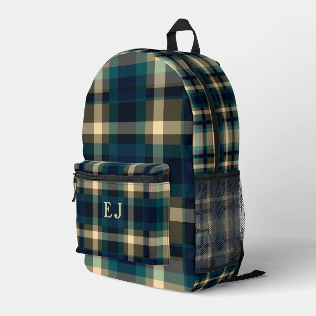 Green Teal Chequered  Pattern Printed Backpack (Back Corner Right)
