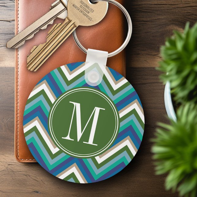 Green & Teal Chevron Pattern with Monogram Key Ring (Personalized Keychain - Add Name or Monogram)