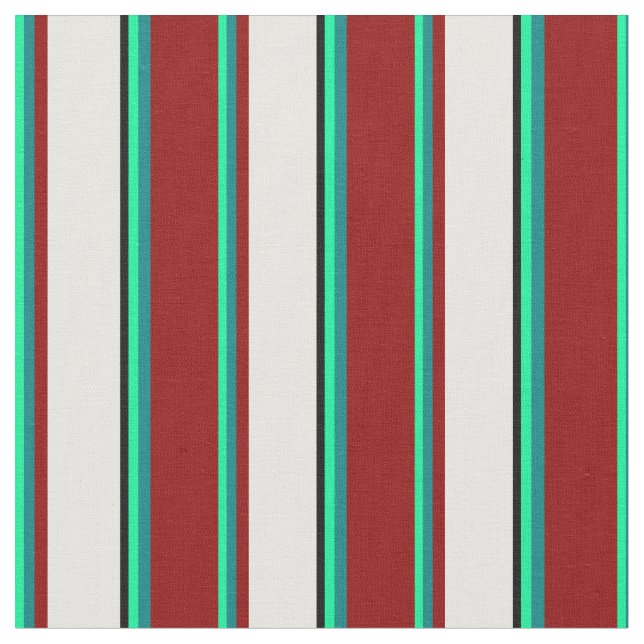 Green, Teal, Dark Red, White, and Black Pattern Fabric (Close Up)