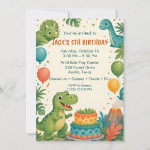 Green Teal Dinosaur 5th Birthday Party Invitation
