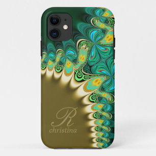 Green Teal & Gold Lace  Fractals Monogram iPhone 5 iPhone 11 Case