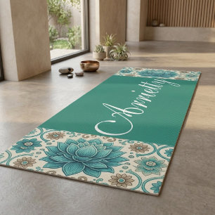 Green Teal Mindful Sacred Lotus Mandala Spiritual Yoga Mat