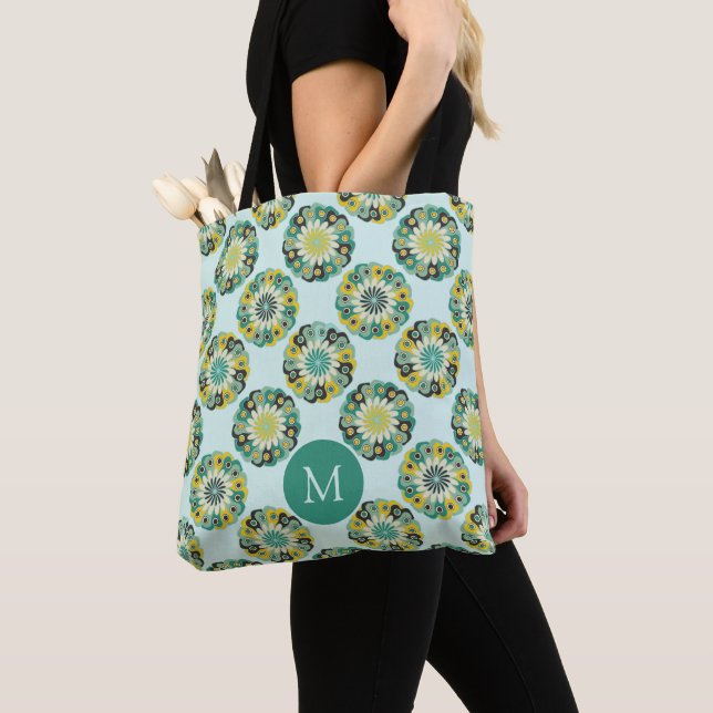Green Teal Modern Flower Pattern Monogram Tote Bag (Close Up)
