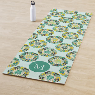 Green Teal Modern Flower Pattern Monogram Yoga Mat