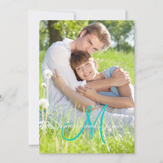 Green Teal Monogram Names Simple Photo Wedding Invitation (Front)