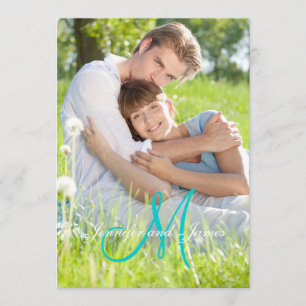 Green Teal Monogram Names Simple Photo Wedding Invitation