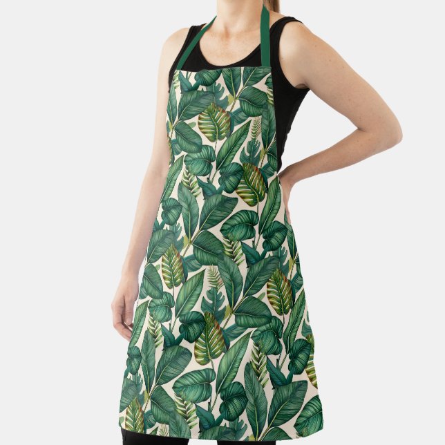 Green & Teal Palm Monstera Tropical Leaves Pattern Apron (Insitu)