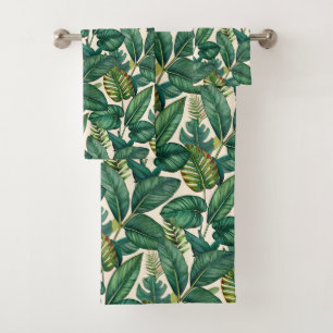 Green & Teal Palm Monstera Tropical Leaves Pattern Bath Towel Set