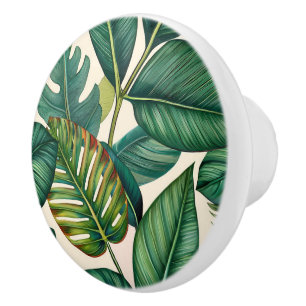 Green & Teal Palm Monstera Tropical Leaves Pattern Ceramic Knob