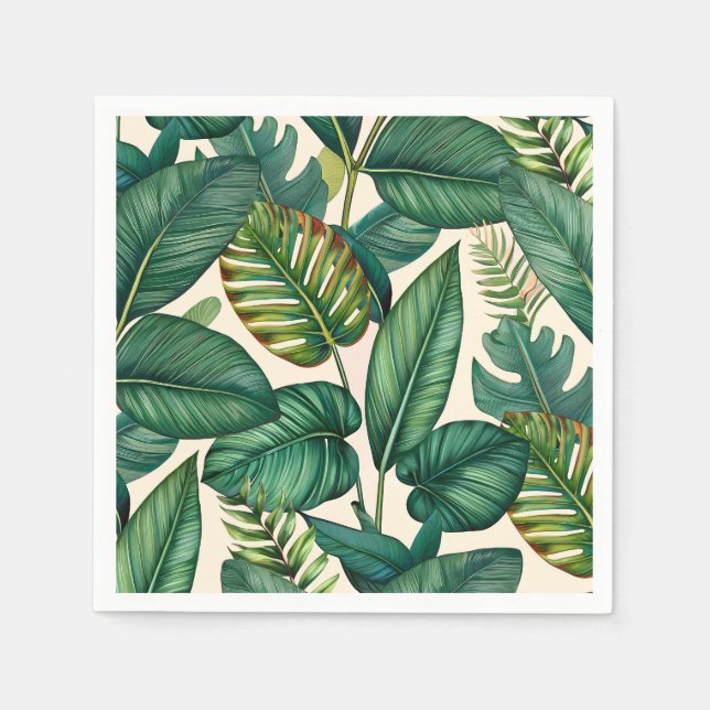 Green & Teal Palm Monstera Tropical Leaves Pattern Napkin (Front)