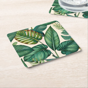 Green & Teal Palm Monstera Tropical Leaves Pattern Square Paper Coaster