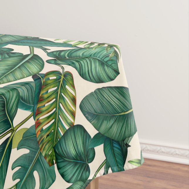 Green & Teal Palm Monstera Tropical Leaves Pattern Tablecloth (In Situ)