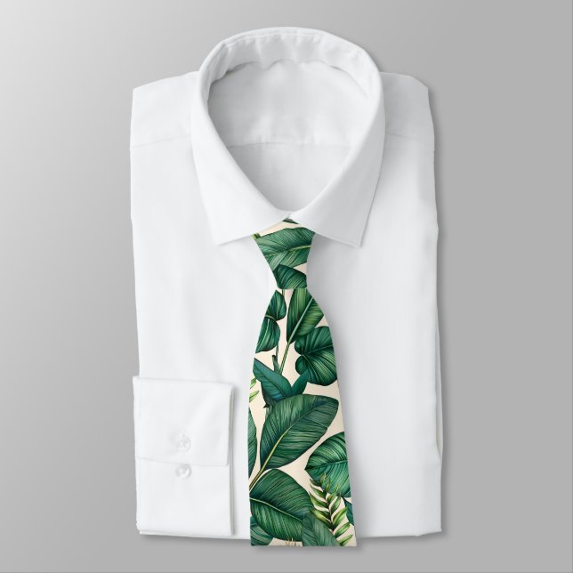 Green & Teal Palm Monstera Tropical Leaves Pattern Tie (Tied)