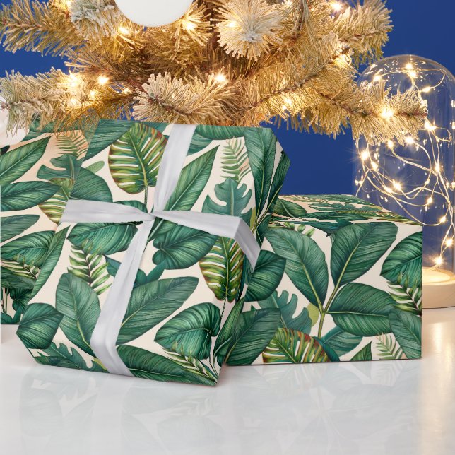 Green & Teal Palm Monstera Tropical Leaves Pattern Wrapping Paper (Holidays)