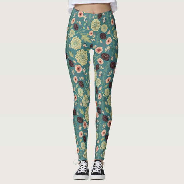 Green Teal Pink Floral Playful Mix Pattern Leggings (Front)