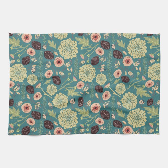 Green Teal Pink Floral Playful Mix Pattern Tea Towel (Horizontal)