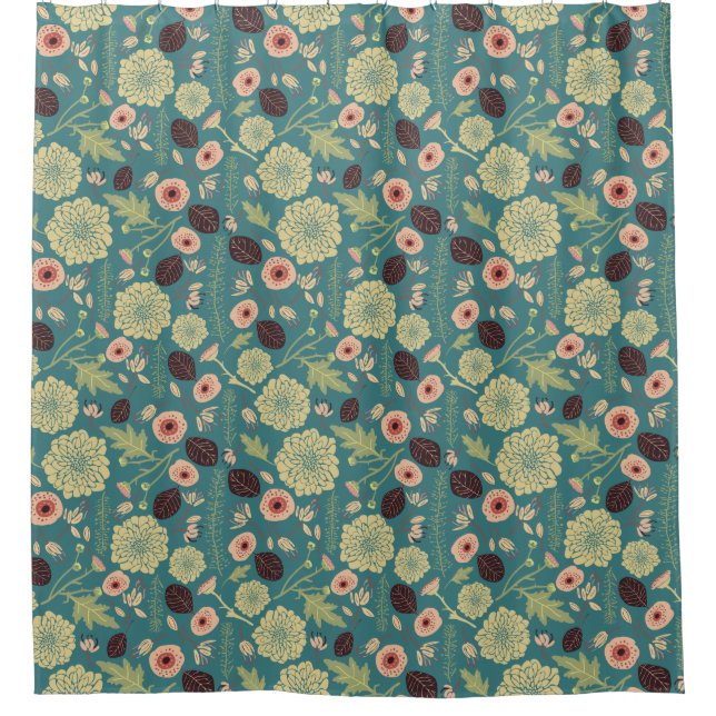 Green Teal Pink Floral Toss Pattern Shower Curtain (Front)