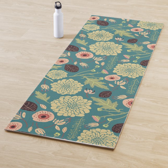 Green Teal Pink Floral Toss Patterned Flowers Yoga Mat (In Situ)