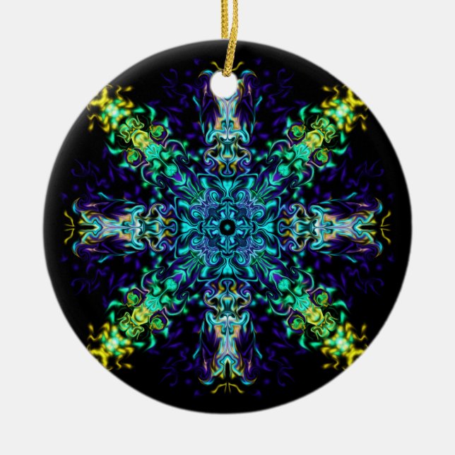 Green Teal Psychedelic Bohemian Mandala Ceramic Ornament (Front)