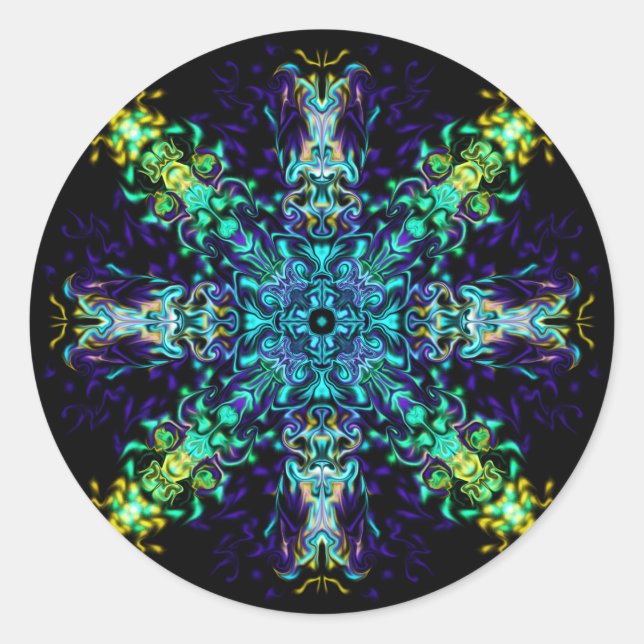 Green Teal Psychedelic Bohemian Mandala Classic Round Sticker (Front)