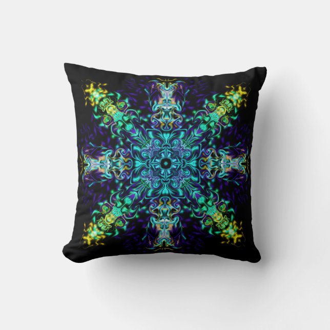 Green Teal Psychedelic Bohemian Mandala Cushion (Front)
