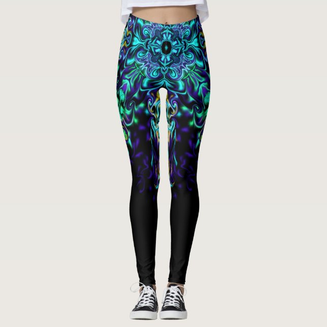 Green Teal Psychedelic Bohemian Mandala    Leggings (Front)