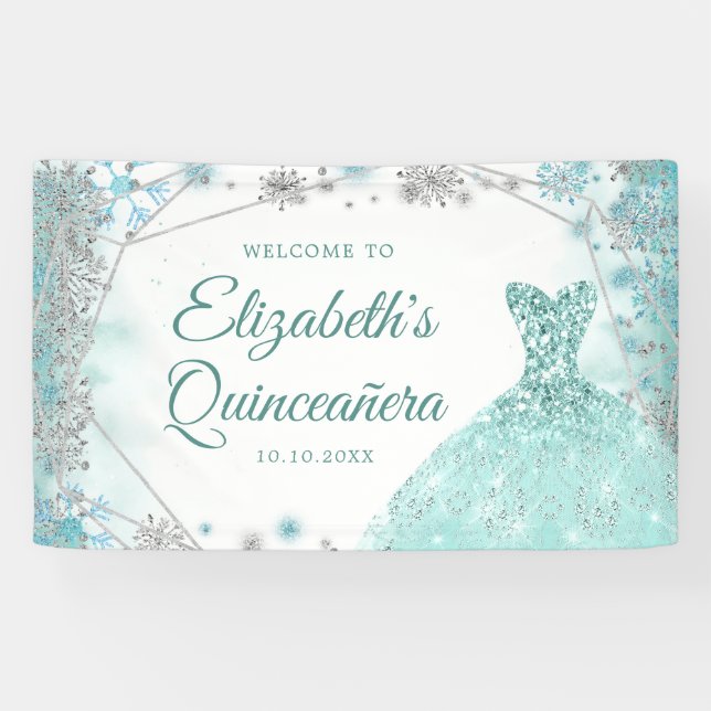 Green Teal Silver Christmas Snowflake Quinceañera Banner (Horizontal)