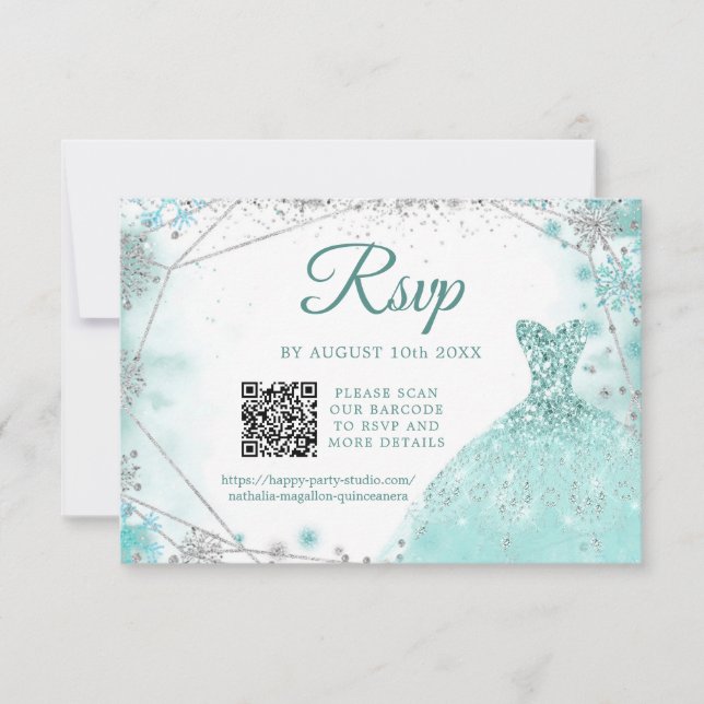 Green Teal Silver Winter Quinceañera Snowflake QR RSVP Card (Front)