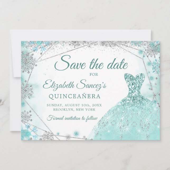 Green Teal Snowflake Mis Quince Save The Date Invitation (Front)