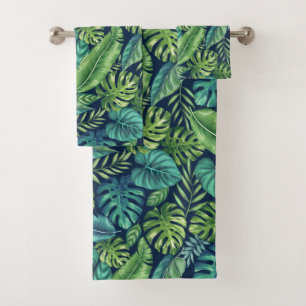 Green & Teal Tropical Palm Banana Monstera Leaves Bath Towel Set