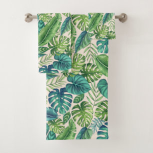 Green & Teal Tropical Palm Banana Monstera Leaves  Bath Towel Set