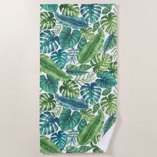Green & Teal Tropical Palm Banana Monstera Leaves Beach Towel