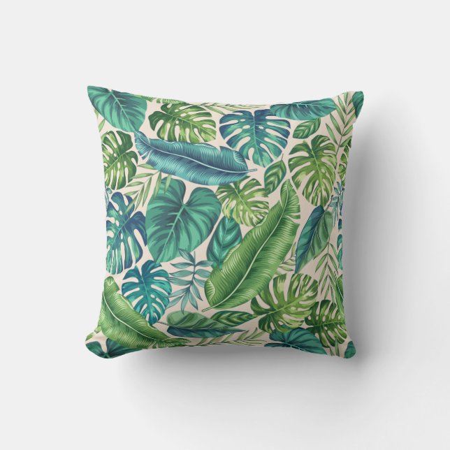 Green & Teal Tropical Palm Banana Monstera Leaves  Cushion (Front)