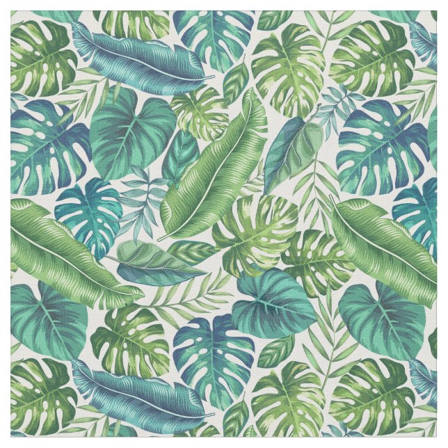 Green & Teal Tropical Palm Banana Monstera Leaves Fabric (Close Up)