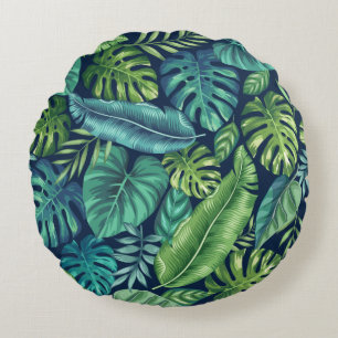 Green & Teal Tropical Palm Banana Monstera Leaves Round Cushion