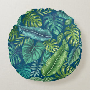 Green & Teal Tropical Palm Banana Monstera Leaves Round Cushion