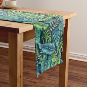Green & Teal Tropical Palm Banana Monstera Leaves Short Table Runner