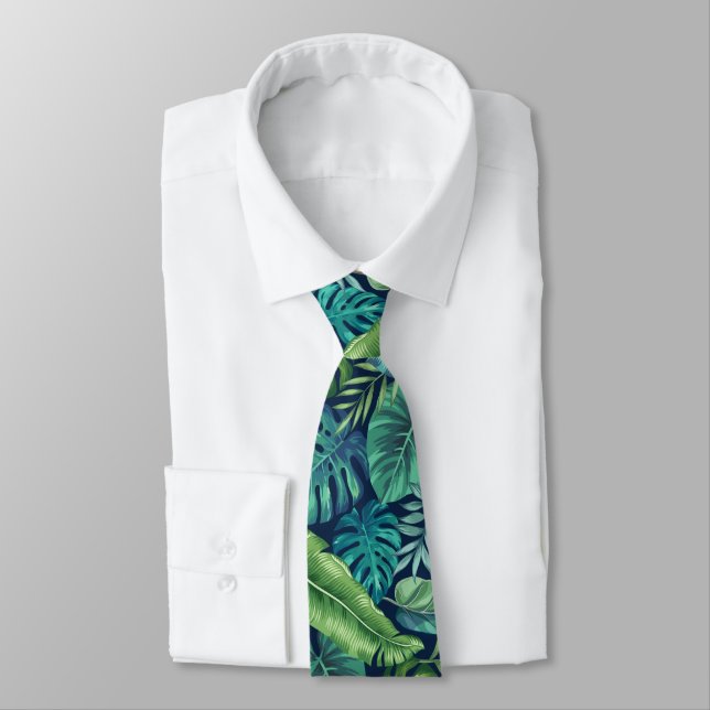 Green & Teal Tropical Palm Banana Monstera Leaves Tie (Tied)
