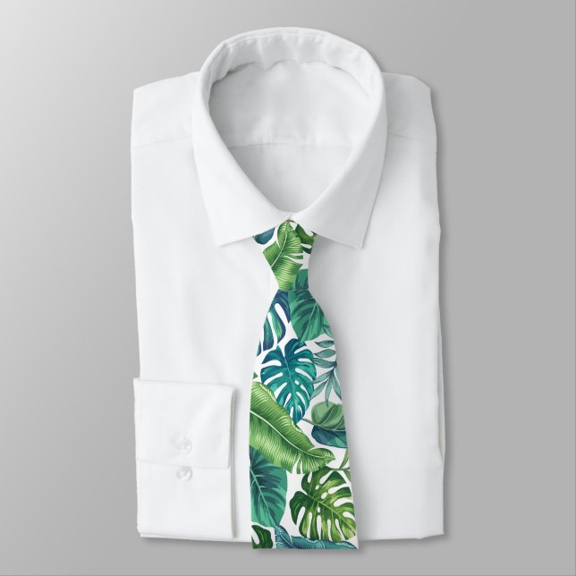 Green & Teal Tropical Palm Banana Monstera Leaves Tie (Tied)